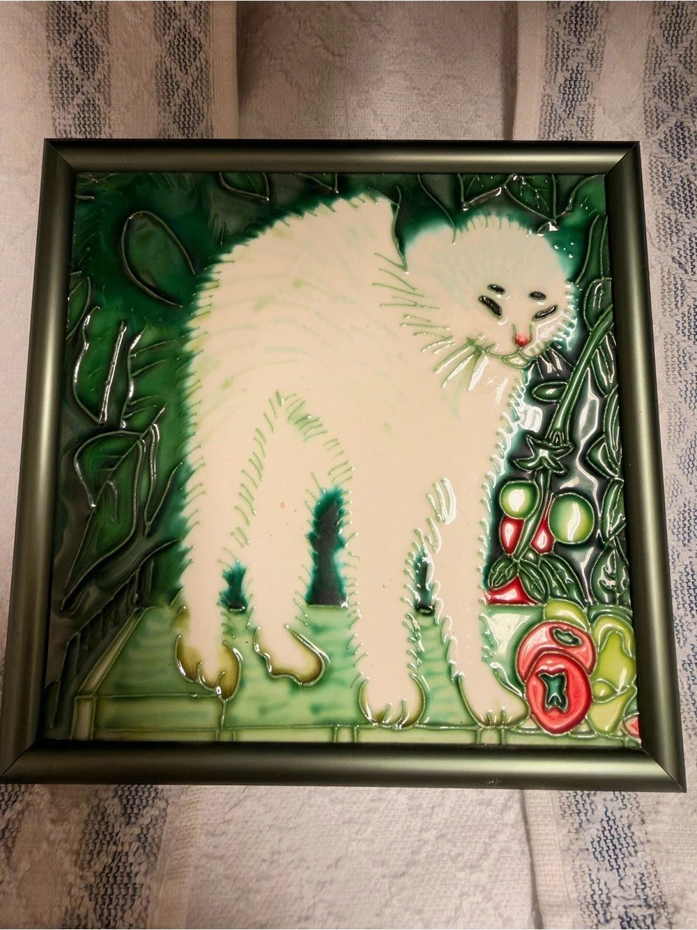 Framed Ceramic Cat Wall Art in Green & White by Candace Reiter Designs
